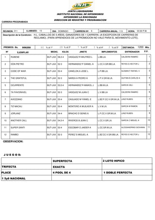 1136DOMINGO
956250 1200
03:30 P.M.HORA:
DISTANCIA: Mts.Bs.
H.L. CABALLOS DE 5 AÑOS, GANADORES DE 1 CARRERA. (A EXCEPCION DE CARRERAS DE
RECLAMO). (PARA APRENDICES DE LA PROMOCION NO VALE PARA EL MOVIMIENTO LOTE).
JUNTA LIQUIDADORA
INSTITUTO NACIONAL DE HIPODROMOS
HIPODROMO LA RINCONADA
DIRECCION DE REGISTRO Y PROGRAMACION
Descripción de la Condición:
REUNION: DIA:011
CARRERA PROGRAMADA
PREMIOS: 60 28 7 23% al 1º % al 2º % al 3º % al 4º % al 5º
CARRERA Nº: CARRERA ANUAL:LLAMADO: 13
Nº EJEMPLAR KILOSMEDIC. JINETE IMPLEMENTOS ENTRENADOR P.P.
1 RUBENE BUT-LAX CALDEIRA RAMIROVASQUEZ R WILFRED L L.BB.LA.58,5-4 1
2 DON PIETRO BUT-LAX REYES G HECTOR JHERNANDEZ P DANIEL A L.CC.V.GR.BB.LA.52-3 2
3 CODE OF WAR BUT-LAX ALEMAN F RAFAEL VCANELON A JOSE L L.P.BB.LA.53-4 3
4 THE GRATEFUL BUT-LAX GUITIAN B CARLOS ANAREA A PEDRO A L.P.V.GR.M.LA.52-3 4
5 OCURRENTE BUT-LAX GARCIA HALIHERNANDEZ R MAIKOL J L.BB.M.LA.53,5-4 5
6 TA FAVORAVEL BUT-LAX CALDEIRA RAMIROVASQUEZ M JUAN C L.V.BB.LA52-3 6
7 AVEZZANO BUT-LAX LANZ RUBENCAGUADO M YANIEL E L.BZ.P.CC.V.GR.M.LA.53-4 7
8 TIZ MACAU BUT-LAX GARCIA M RAMONMONTERO A WUILKER A L.V.M.LA.53-4 8
9 JORLANZ BUT-LAX LANZ RUBENBRACHO D GENIS A L.P.CC.V.GR.M.LA.54-4 9
10 ANOTHER CALL BUT-LAX GARCIA C MIGUEL ARIVEROS B JEAN C L.CC.V.GR.LA.54,5-4 10
11 SUPER SANTI BUT-LAX ALESSANDRINO GIOVANNIESCOBAR O JAIDER A L.CC.GR.M.LA.53-4 11
12 RAMBO BUT-LAX REYES G HECTOR JPEREZ S MIGUEL A L.BZ.CC.V.GR.BB.LA.52-3 12
TRIFECTA
SUPERFECTA
PLACE
EXACTA
4 POOL DE 4 1 DOBLE PERFECTA
2 LOTO HIPICO
1 5y6 NACIONAL
OBSERVACION:
J U E G O S:
 