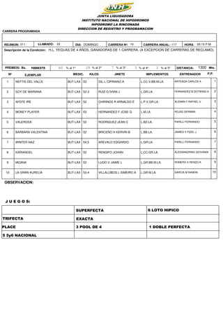 11710DOMINGO
1009375 1300
05:15 P.M.HORA:
DISTANCIA: Mts.Bs.
H.L. YEGUAS DE 4 AÑOS, GANADORAS DE 1 CARRERA. (A EXCEPCION DE CARRERAS DE RECLAMO).
JUNTA LIQUIDADORA
INSTITUTO NACIONAL DE HIPODROMOS
HIPODROMO LA RINCONADA
DIRECCION DE REGISTRO Y PROGRAMACION
Descripción de la Condición:
REUNION: DIA:011
CARRERA PROGRAMADA
PREMIOS: 60 28 7 23% al 1º % al 2º % al 3º % al 4º % al 5º
CARRERA Nº: CARRERA ANUAL:LLAMADO: 33
Nº EJEMPLAR KILOSMEDIC. JINETE IMPLEMENTOS ENTRENADOR P.P.
1 NEFTIS DEL VALLE BUT-LAX ARTEAGA CARLOS AGIL L CIPRIANO A L.CC.V.BB.M.LA.53 1
2 SOY DE MARIANA BUT-LAX FERNANDEZ B DOTWING ARUIZ G IVIAN J L.GR.LA.52-3 2
3 AFEFE IRE BUT-LAX ALEMAN F RAFAEL VCHIRINOS R ARNALDO E L.P.V.GR.LA.52 3
4 MONEY PLAYER BUT-LAX ROJAS GERMANHERNANDEZ F JOSE G L.M.LA.53 4
5 VALEROSA BUT-LAX PARILLI FERNANDORODRIGUEZ JEAN C L.BZ.LA.53 5
6 BARBARA VALENTINA BUT-LAX JAIMES V FIDEL JBRICEÑO H KERVIN B L.BB.LA.52 6
7 WINTER NAZ BUT-LAX PARILLI FERNANDOAREVALO EDGARDO L.GR.LA.54,5 7
8 KARIANGEL BUT-LAX ALESSANDRINO GIOVANNIRENGIFO JOHAN L.CC.GR.LA.52 8
9 MOANA BUT-LAX ROMERO A RENZO ALUGO V JAIME L L.GR.BB.M.LA.53 9
10 LA GRAN AURELIA BUT-LAX GARCIA M RAMONVILLALOBOS L ISMEIRO A L.GR.M.LA.53-4 10
TRIFECTA
SUPERFECTA
PLACE
EXACTA
3 POOL DE 4 1 DOBLE PERFECTA
6 LOTO HIPICO
5 5y6 NACIONAL
OBSERVACION:
J U E G O S:
 
