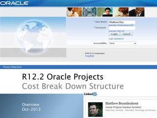 R12.2 Oracle Projects
Cost Break Down Structure
Overview Oct-2013
Updated Jan-2016
 