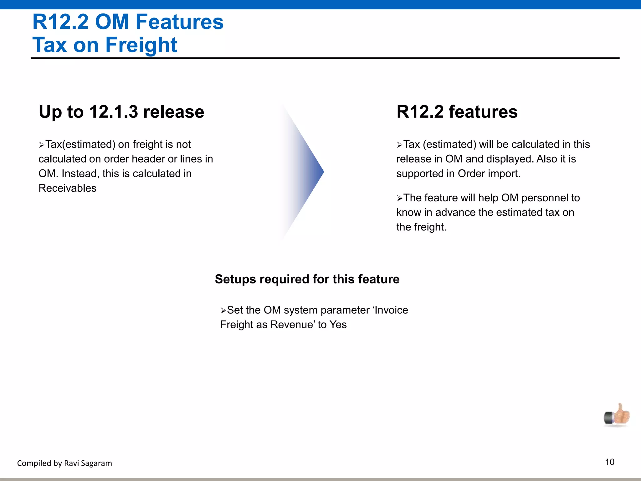 Compiled by Ravi Sagaram 10
R12.2 OM Features
Tax on Freight
Tax (estimated) will be calculated in this
release in OM and displayed. Also it is
supported in Order import.
R12.2 features
The feature will help OM personnel to
know in advance the estimated tax on
the freight.
Tax(estimated) on freight is not
calculated on order header or lines in
OM. Instead, this is calculated in
Receivables
Up to 12.1.3 release
Setups required for this feature
Set the OM system parameter ‘Invoice
Freight as Revenue’ to Yes
 