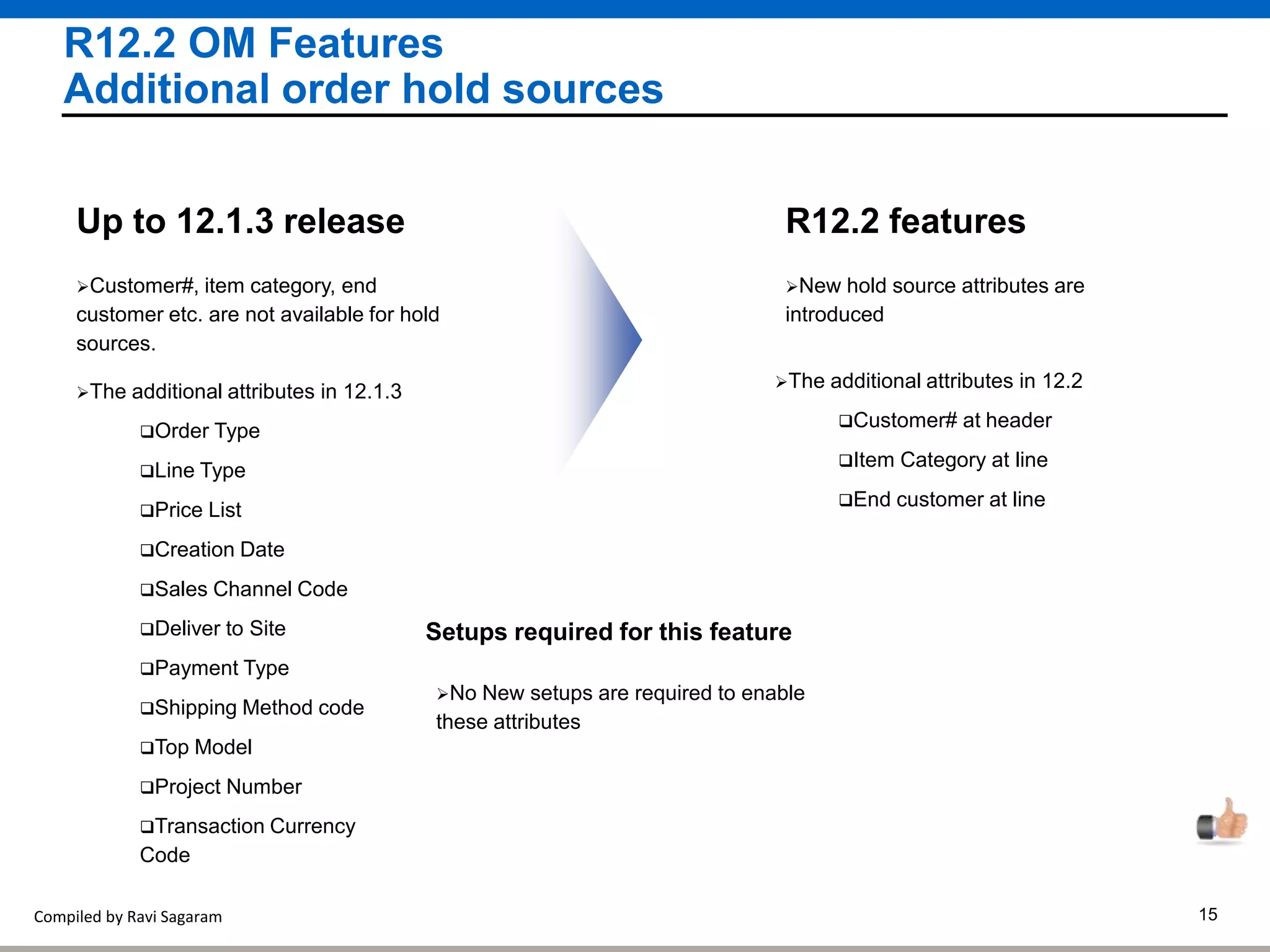 Compiled by Ravi Sagaram 15
R12.2 OM Features
Additional order hold sources
New hold source attributes are
introduced
R12.2 features
Customer#, item category, end
customer etc. are not available for hold
sources.
Up to 12.1.3 release
Setups required for this feature
No New setups are required to enable
these attributes
The additional attributes in 12.1.3
Order Type
Line Type
Price List
Creation Date
Sales Channel Code
Deliver to Site
Payment Type
Shipping Method code
Top Model
Project Number
Transaction Currency
Code
The additional attributes in 12.2
Customer# at header
Item Category at line
End customer at line
 
