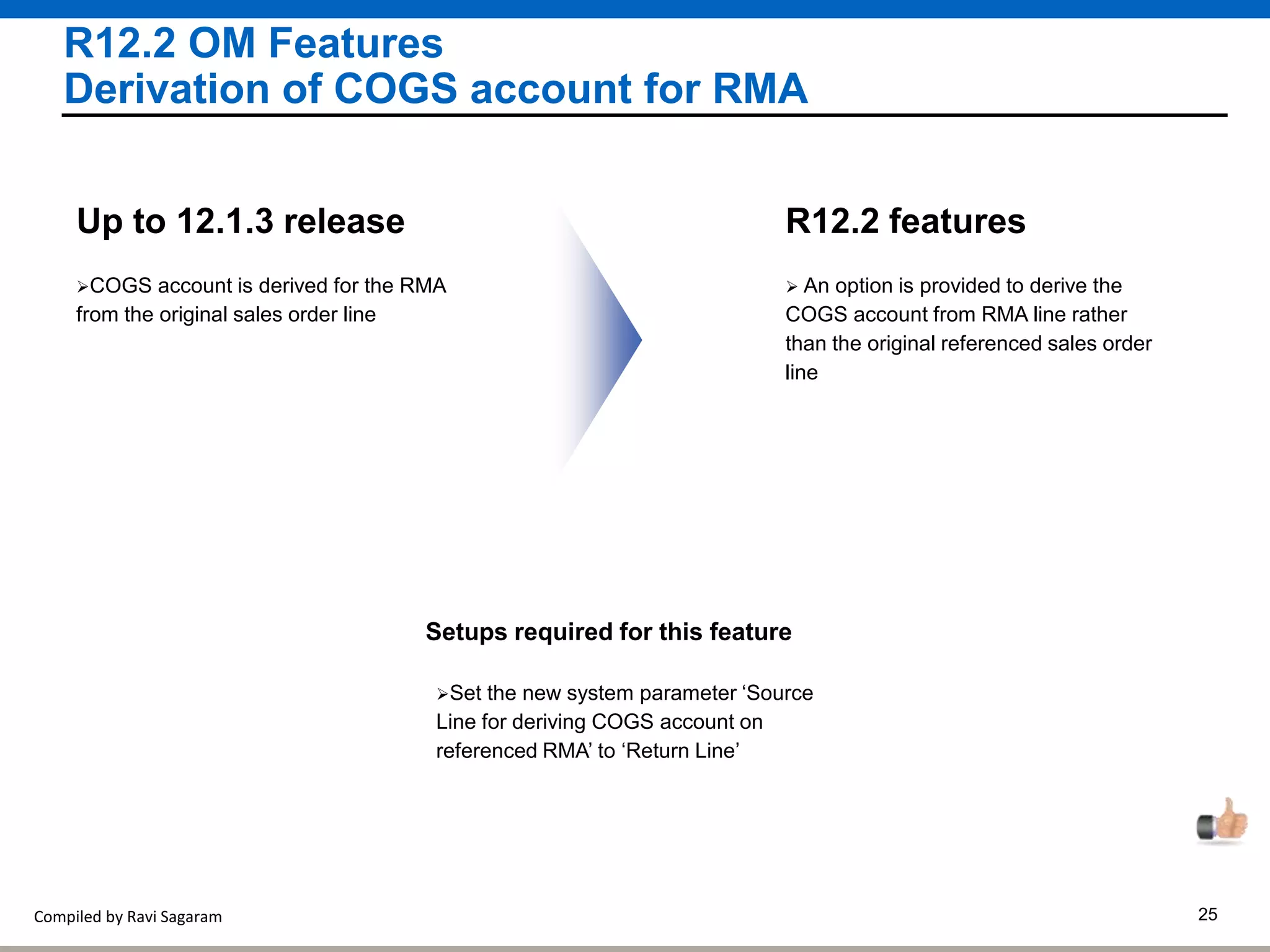 Compiled by Ravi Sagaram 25
R12.2 OM Features
Derivation of COGS account for RMA
 An option is provided to derive the
COGS account from RMA line rather
than the original referenced sales order
line
R12.2 features
COGS account is derived for the RMA
from the original sales order line
Up to 12.1.3 release
Setups required for this feature
Set the new system parameter ‘Source
Line for deriving COGS account on
referenced RMA’ to ‘Return Line’
 