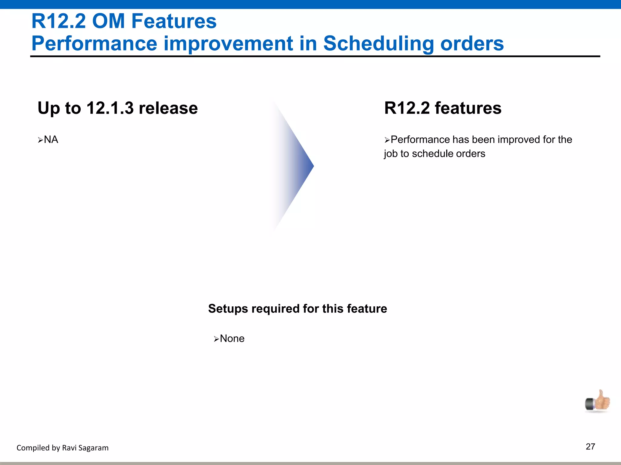Compiled by Ravi Sagaram 27
R12.2 OM Features
Performance improvement in Scheduling orders
Performance has been improved for the
job to schedule orders
R12.2 features
NA
Up to 12.1.3 release
Setups required for this feature
None
 