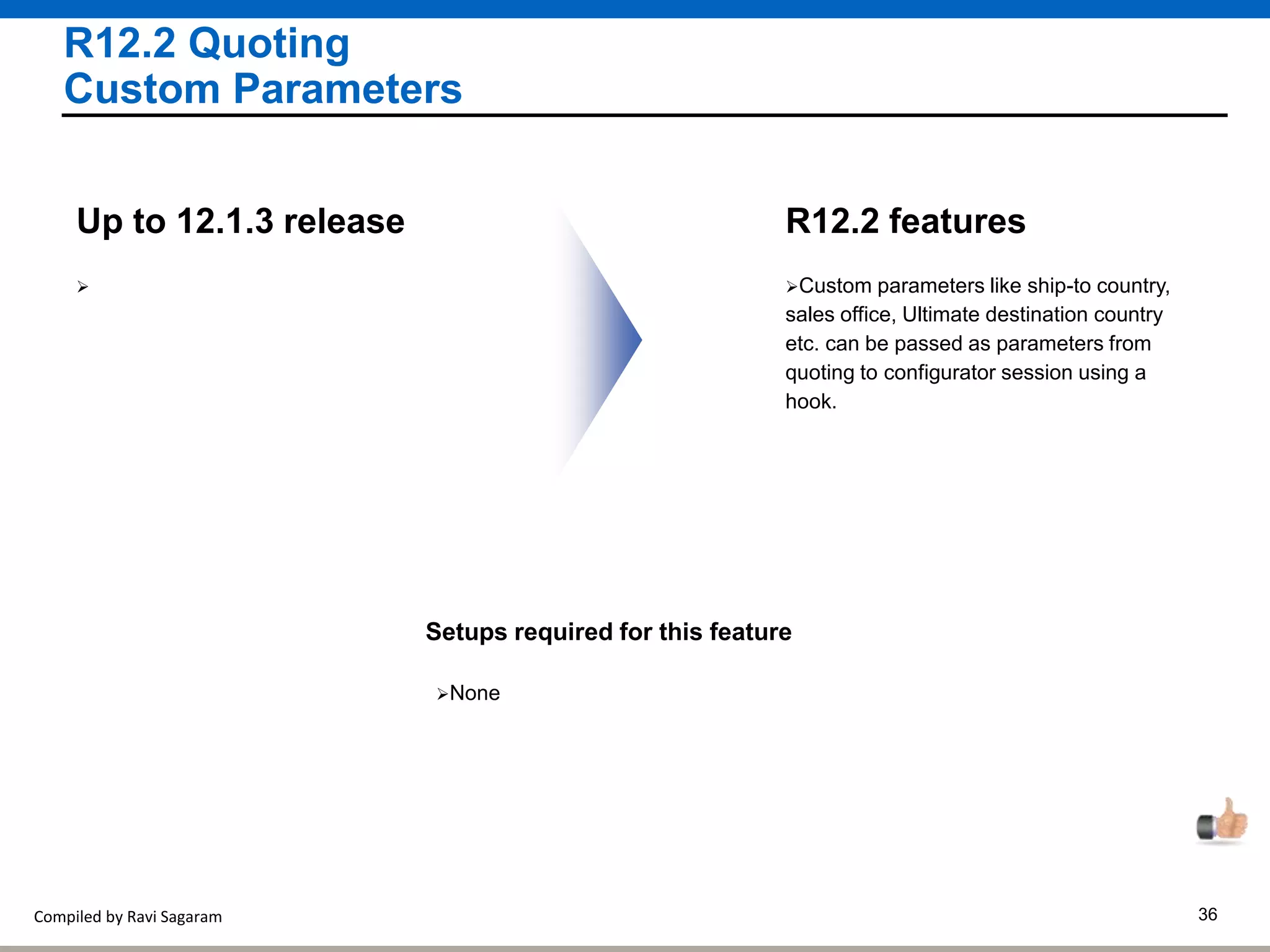 Compiled by Ravi Sagaram 36
R12.2 Quoting
Custom Parameters
Custom parameters like ship-to country,
sales office, Ultimate destination country
etc. can be passed as parameters from
quoting to configurator session using a
hook.
R12.2 features

Up to 12.1.3 release
Setups required for this feature
None
 