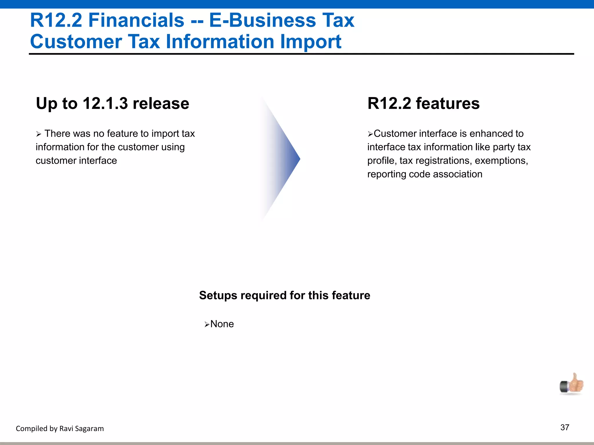 Compiled by Ravi Sagaram 37
R12.2 Financials -- E-Business Tax
Customer Tax Information Import
Customer interface is enhanced to
interface tax information like party tax
profile, tax registrations, exemptions,
reporting code association
R12.2 features
 There was no feature to import tax
information for the customer using
customer interface
Up to 12.1.3 release
Setups required for this feature
None
 