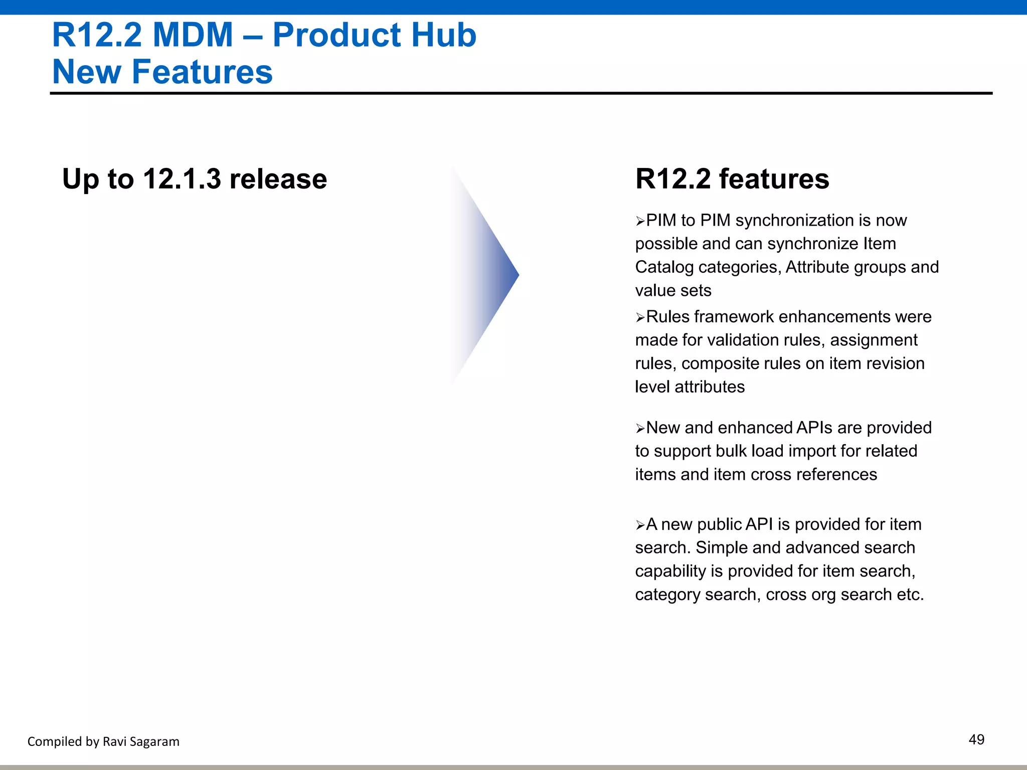 Compiled by Ravi Sagaram 49
R12.2 MDM – Product Hub
New Features
PIM to PIM synchronization is now
possible and can synchronize Item
Catalog categories, Attribute groups and
value sets
R12.2 featuresUp to 12.1.3 release
Rules framework enhancements were
made for validation rules, assignment
rules, composite rules on item revision
level attributes
New and enhanced APIs are provided
to support bulk load import for related
items and item cross references
A new public API is provided for item
search. Simple and advanced search
capability is provided for item search,
category search, cross org search etc.
 