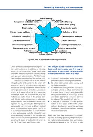 Smart City Monitoring and management
103
Water footprint
Water scarcity
Water self-sufficiency
Surface water quality
Groundwater quality
Sufficient to drink
Water system leakages
Water efficiency
Drinking water consumpt.
Drinking water quality
Safe sanitation
Sewage sludge recycling
Energy efficiency
Energy recovery
Nutrient recovery
Average age sewer system
Infrastructure separation
Climate commitments
Adaptation strategies
Climate-robust buildings
Biodiversity
Attractiveness
Management and action plans
Public participation
Cities’ EIP strategic implementation plan. The
plan only mentions as its ambition to “develop
auditing tools/systems and define certification
criteria for data and information on CO2, energy
use, gas use, water use, etc…” (http://ec.eu-
ropa.eu/eip/smartcities/files/sip_final_en.pdf).
The focus of BlueSCities is on the need to
integrate water and waste into the smart city
approach. It aims for technological improvements
as well as raising awareness and widening
learning experiences of, for instance, increased
energy and water efficiency, and spreading
knowledge about the motivation for recycling
material and water flows. In this project con-
text, this translates into producing a baseline
assessment on the sustainability of water man-
agement in a city, providing the data required for
a practicable planning cycle at different political
levels. The baseline analysis will go into depth
in four chosen case studies, of which Helsinki
is one, and develop tools for integration and
implementation, stakeholder involvement and
international networking between different
sectors with direct or indirect involvement in
the EIP Smart Cities and Communities.
The analysis builds on the City BluePrints
tool, which can be used as a first step or
quick scan to benchmark the sustainable
water cycle in cities, and it may help:
1.	 to communicate a city’s sustainable water
performance and exchange experiences,
2.	 to select appropriate water supply and
sanitation strategies,
3.	 to develop technological and non-tech-
nological options as future alternatives for
the water cycle in which several possible
changes in the use of technology, space
and socio-economic scenarios can be
introduced. This should finally lead to:
4.	 a selection of measures, including an eval-
uation of their costs and benefits under
different development scenarios, and ways
to integrate these into the long-term planning
of urban investments.
Many cities have been assessed at http://www.
eip-water.eu/working-groups/city-blueprints-improv-
ing-implementation-capacities-cities-and-regions,
within the framework of the EIP Water action
Figure 1. The blueprint of Helsinki Region Water
 
