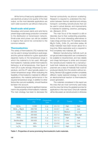 132
All the forms of heat pump applications also
use electricity at about one-quarter of the heat
output, so the most desirable applications are
warm water sources for use without a heat pump.
Small-scale wind power
Nowadays wind power plants and wind farms
present large-scale energy production connected
to the distribution or transmission network.
Small-scale wind power can still be installed
in regions that cannot be connected to the
common network.
Thermoelectrics
The variety of thermoelectric (TE) materials that
can be used in energy harvesting is quite large,
and the optimal material for a given application
depends mainly on the temperature range in
which the material is to be used. Although
thermoelectric materials exhibit thermoelectric
behaviour at all temperatures, their figure of
merit (ZT) is quite strongly influenced by tem-
perature, and the ZT value typically peaks in a
certain temperature range. When evaluating the
feasibility of thermoelectric materials for different
applications, the material performance in the
required temperature range, in addition to other
factors like cost and availability, should therefore
be taken into account.
Nanostructuring has led to significant improve-
ment in the properties of thermoelectric materials.
The main strategy has been to decrease the
Table 1. Properties of some promising thermoelectric bulk materials.
Temperature Range
(°C)
Conductivity
Type
ZT Toxicity Price
Bi2
Te3
0-300 n, p 0.5-1.0 High High
MnSi1.73
, Mg2
Si 200-700 n, p 0.5-0.7 Low Low
Zn4
Sb3
200-500 p 0.5-1.2 Medium Low
TAGS 200-600 p 0.5-1.2 Medium Very high
PbTe 200-550 n, p 0.5-1.0 High High
Skutterudites 200-600 n, p 0.5-1.2 Low Low
Oxides 400+ n, p 0.5-0.8 Low Low
La3
Te4
500+ n 0.5-1.1 High High
thermal conductivity via phonon scattering.
Research is required to understand the inter-
action between thermal, electrical and entropy
transport; controlling nanostructures that can
be used in actual devices; and improvements
in materials for soldering, ceramics, packaging,
etc. (Benesch, 2012)
The main focus of the research is still on
tellurides due to their outstanding properties.
Some of the most interesting alternatives to
make cheap and less toxic TE materials include
Mg2
Si, CoSb3
, ZnSb, ZnO
and other oxides. All
these materials have been known about for a
long time. More explorative work is required to
find completely new materials. [6]
Material manufacturing methods such as
sol-gel and electrodeposition are considered to
be scalable to industrial level, and new reliable
and cheap techniques to sinter and compact
the nanostructured material into a nanostruc-
tured bulk material are crucial. [6] Conducting
polymers are a class of materials that could be
produced directly from the solution without sin-
tering. Benesch [6] suggests another completely
different, barely explored strategy: to consider
an electrochemical reaction to thermoelectric
power generation.
The materials considered in this report are
the ones that are most commonly used today
and the ones that show the greatest promise for
applications in the near future. Only bulk materials
will be discussed, as nanostructured or otherwise
 