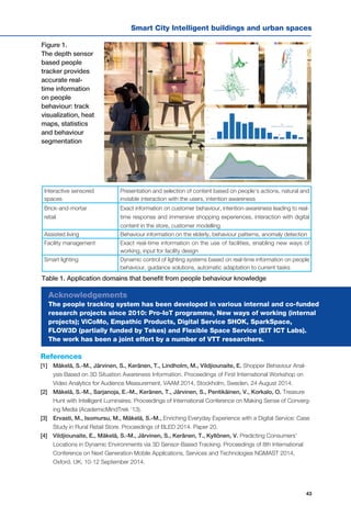 43
Smart City Intelligent buildings and urban spaces
Figure 1.
The depth sensor
based people
tracker provides
accurate real-
time information
on people
behaviour: track
visualization, heat
maps, statistics
and behaviour
segmentation
Interactive sensored
spaces
Presentation and selection of content based on people’s actions, natural and
invisible interaction with the users, intention awareness
Brick-and-mortar
retail
Exact information on customer behaviour, intention-awareness leading to real-
time response and immersive shopping experiences, interaction with digital
content in the store, customer modelling
Assisted living Behaviour information on the elderly, behaviour patterns, anomaly detection
Facility management Exact real-time information on the use of facilities, enabling new ways of
working, input for facility design
Smart lighting Dynamic control of lighting systems based on real-time information on people
behaviour, guidance solutions, automatic adaptation to current tasks
References
[1] 	 Mäkelä, S.-M., Järvinen, S., Keränen, T., Lindholm, M., Vildjiounaite, E. Shopper Behaviour Anal-
ysis Based on 3D Situation Awareness Information. Proceedings of First International Workshop on
Video Analytics for Audience Measurement, VAAM 2014, Stockholm, Sweden, 24 August 2014.
[2] 	 Mäkelä, S.-M., Sarjanoja, E.-M., Keränen, T., Järvinen, S., Pentikäinen, V., Korkalo, O. Treasure
Hunt with Intelligent Luminaires. Proceedings of International Conference on Making Sense of Converg-
ing Media (AcademicMindTrek ’13).
[3]	 Ervasti, M., Isomursu, M., Mäkelä, S.-M., Enriching Everyday Experience with a Digital Service: Case
Study in Rural Retail Store. Proceedings of BLED 2014. Paper 20.
[4] 	 Vildjiounaite, E., Mäkelä, S.-M., Järvinen, S., Keränen, T., Kyllönen, V. Predicting Consumers’
Locations in Dynamic Environments via 3D Sensor-Based Tracking. Proceedings of 8th International
Conference on Next Generation Mobile Applications, Services and Technologies NGMAST 2014,
Oxford, UK, 10-12 September 2014.
Acknowledgements
The people tracking system has been developed in various internal and co-funded
research projects since 2010: Pro-IoT programme, New ways of working (internal
projects); ViCoMo, Empathic Products, Digital Service SHOK, SparkSpace,
FLOW3D (partially funded by Tekes) and Flexible Space Service (EIT ICT Labs).
The work has been a joint effort by a number of VTT researchers.
Table 1. Application domains that benefit from people behaviour knowledge
 