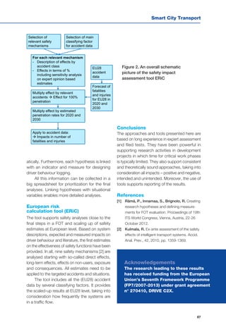 Smart City Transport
87
Selection of
relevant safety
mechanisms
Apply to accident data:
 Impacts in number of
fatalities and injuries
Forecast of
fatalities
and injuries
for EU28 in
2020 and
2030
EU28
accident
data
Multiply effect by estimated
penetration rates for 2020 and
2030
Multiply effect by relevant
accidents  Effect for 100%
penetration
For each relevant mechanism
- Description of effects by
accident class
- Effects in terms of %
including sensitivity analysis
on expert opinion based
estimates
Selection of main
classifying factor
for accident data
atically. Furthermore, each hypothesis is linked
with an indicator and measure for designing
driver behaviour logging.
All this information can be collected in a
big spreadsheet for prioritization for the final
analyses. Linking hypotheses with situational
variables enables more detailed analyses.
European risk
calculation tool (ERiC)
The tool supports safety analyses close to the
final steps in a FOT and scaling up of safety
estimates at European level. Based on system
descriptions, expected and measured impacts on
driver behaviour and literature, the first estimates
on the effectiveness of safety functions have been
provided. In all, nine safety mechanisms [2] are
analysed starting with so-called direct effects,
long-term effects, effects on non-users, exposure
and consequences. All estimates need to be
applied to the targeted accidents and situations.
The tool includes all the (EU28) accident
data by several classifying factors. It provides
the scaled-up results at EU28 level, taking into
consideration how frequently the systems are
in a traffic flow.
Conclusions
The approaches and tools presented here are
based on long experience in expert assessment
and filed tests. They have been powerful in
supporting research activities in development
projects in which time for critical work phases
is typically limited. They also support consistent
and theoretically sound approaches, taking into
consideration all impacts – positive and negative,
intended and unintended. Moreover, the use of
tools supports reporting of the results.
References
[1] 	 Rämä, P., Innamaa, S., Brignolo, R. Creating
research hypotheses and defining measure-
ments for FOT evaluation. Proceedings of 19th
ITS World Congress, Vienna, Austria, 22-26
October 2012.
[2] 	 Kulmala, R. Ex-ante assessment of the safety
effects of intelligent transport systems. Accid.
Anal. Prev., 42, 2010, pp. 1359-1369.
Figure 2. An overall schematic
picture of the safety impact
assessment tool ERiC
Acknowledgements
The research leading to these results
has received funding from the European
Union’s Seventh Framework Programme
(FP7/2007-2013) under grant agreement
n° 270410, DRIVE C2X.
 