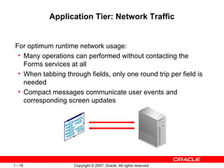 Application Tier: Network Traffic For optimum runtime network usage: Many operations can performed without contacting the Forms services at all When tabbing through fields, only one round trip per field is needed Compact messages communicate user events and corresponding screen updates 