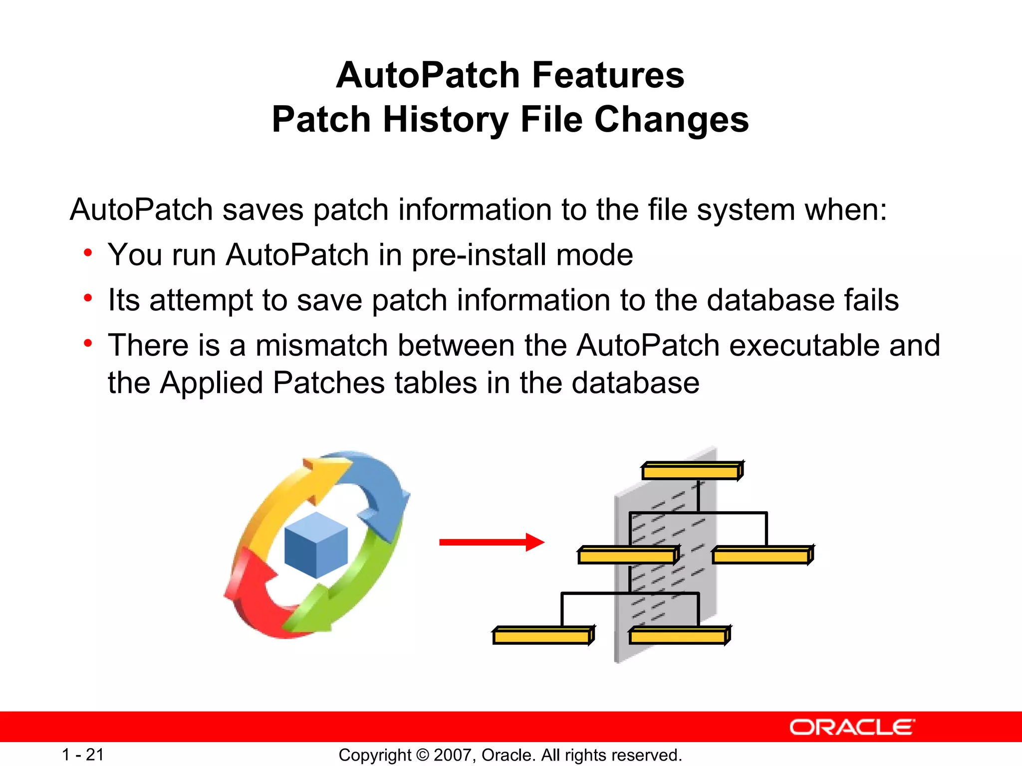 AutoPatch Features Patch History File Changes AutoPatch saves patch information to the file system when: You run AutoPatch in pre-install mode Its attempt to save patch information to the database fails There is a mismatch between the AutoPatch executable and the Applied Patches tables in the database 