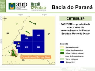 Bacia do Paraná
UC de Proteção Integral
UC de Uso Sustentável
Bacia sedimentar
Terras Indígenas
Blocos R12
Legenda
SPMS
PR
PAR-T-218 → proximidade
com a zona de
amortecimento do Parque
Estadual Morro do Diabo
Parque Estadual Morro do Diabo
Zona de Amortecimento
CETESB/SP
 