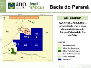 Bacia do Paraná
PAR-T-198 e PAR-T-199 →
proximidade com a zona
de amortecimento do
Parque Estadual do Rio
do Peixe
SPMS
PR
Parque Estadual do Rio do Peixe
UC de Proteção Integral
UC de Uso Sustentável
Bacia sedimentar
Terras Indígenas
Blocos R12
Legenda
Zona de Amortecimento
CETESB/SP
 