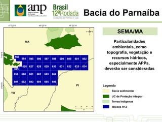Bacia do Parnaíba
SEMA/MA
UC de Proteção Integral
Bacia sedimentar
Terras Indígenas
Blocos R12
LegendaPI
MA
TO
Particularidades
ambientais, como
topografia, vegetação e
recursos hídricos,
especialmente APPs,
deverão ser consideradas
 