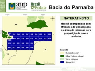 Bacia do Parnaíba
NATURATINS/TO
UC de Proteção Integral
Bacia sedimentar
Terras Indígenas
Blocos R12
Legenda
Não há sobreposição com
Unidades de Conservação
ou áreas de interesse para
proposição de novas
unidades
PI
MA
TO
 