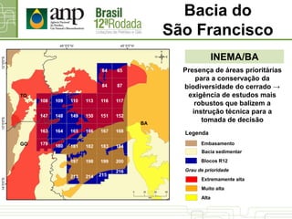 Presença de áreas prioritárias
para a conservação da
biodiversidade do cerrado →
exigência de estudos mais
robustos que balizem a
instrução técnica para a
tomada de decisão
INEMA/BA
Bacia sedimentar
Blocos R12
Legenda
Grau de prioridade
Extremamente alta
Embasamento
Muito alta
Alta
Bacia do
São Francisco
BA
GO
TO
 