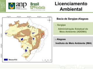 o Sergipe
Administração Estadual do
Meio Ambiente (ADEMA)
o Alagoas
Instituto do Meio Ambiente (IMA)
Bacia de Sergipe-Alagoas
Licenciamento
Ambiental
Blocos R12
 