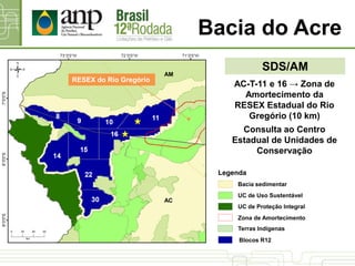Bacia do Acre
SDS/AM
AC-T-11 e 16 → Zona de
Amortecimento da
RESEX Estadual do Rio
Gregório (10 km)
Consulta ao Centro
Estadual de Unidades de
Conservação
RESEX do Rio Gregório
UC de Proteção Integral
UC de Uso Sustentável
Bacia sedimentar
Terras Indígenas
Blocos R12
Legenda
Zona de Amortecimento
AC
AM
 