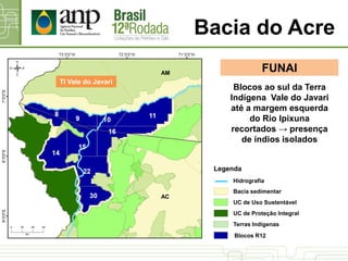 FUNAI
Bacia do Acre
Blocos ao sul da Terra
Indígena Vale do Javari
até a margem esquerda
do Rio Ipixuna
recortados → presença
de índios isolados
TI Vale do Javari
Hidrografia
AC
AM
UC de Proteção Integral
UC de Uso Sustentável
Bacia sedimentar
Terras Indígenas
Blocos R12
Legenda
 