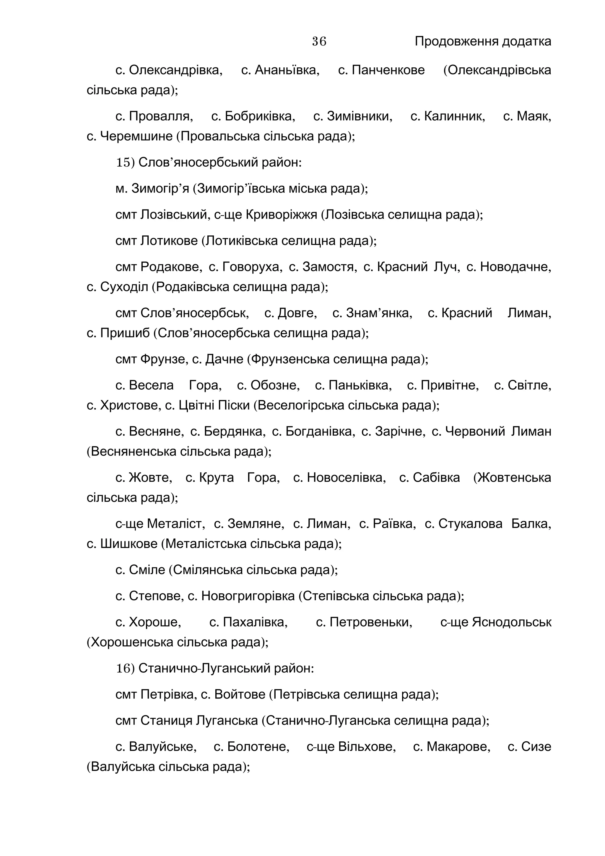 Продовження додатка
.с , .Олександрівка с , .Ананьївка с (Панченкове Олександрівська
);сільська рада
.с , .Провалля с , .Бобриківка с , .Зимівники с , .Калинник с ,Маяк
.с ( );Черемшине Провальська сільська рада
15) ’ :Слов яносербський район
.м ’ ( ’ );Зимогір я Зимогір ївська міська рада
смт , -Лозівський с ще ( );Криворіжжя Лозівська селищна рада
смт ( );Лотикове Лотиківська селищна рада
смт , .Родакове с , .Говоруха с , .Замостя с , .Красний Луч с ,Новодачне
.с ( );Суходіл Родаківська селищна рада
смт ’ , .Слов яносербськ с , .Довге с ’ , .Знам янка с ,Красний Лиман
.с ( ’ );Пришиб Слов яносербська селищна рада
смт , .Фрунзе с ( );Дачне Фрунзенська селищна рада
.с , .Весела Гора с , .Обозне с , .Паньківка с , .Привітне с ,Світле
.с , .Христове с ( );Цвітні Піски Веселогірська сільська рада
.с , .Весняне с , .Бердянка с , .Богданівка с , .Зарічне с Червоний Лиман
( );Весняненська сільська рада
.с , .Жовте с , .Крута Гора с , .Новоселівка с (Сабівка Жовтенська
);сільська рада
-с ще , .Металіст с , .Земляне с , .Лиман с , .Раївка с ,Стукалова Балка
.с ( );Шишкове Металістська сільська рада
.с ( );Сміле Смілянська сільська рада
.с , .Степове с ( );Новогригорівка Степівська сільська рада
.с , .Хороше с , .Пахалівка с , -Петровеньки с ще Яснодольськ
( );Хорошенська сільська рада
16) - :Станично Луганський район
смт , .Петрівка с ( );Войтове Петрівська селищна рада
смт ( - );Станиця Луганська Станично Луганська селищна рада
.с , .Валуйське с , -Болотене с ще , .Вільхове с , .Макарове с Сизе
( );Валуйська сільська рада
36
 
