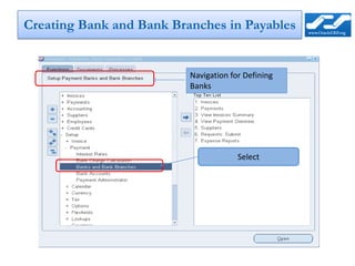 Creating Bank and Bank Branches in Payables


                          Navigation for Defining
                          Banks




                                       Select
 