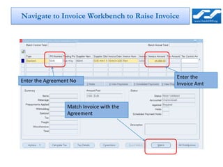 Navigate to Invoice Workbench to Raise Invoice




                                             Enter the
Enter the Agreement No
                                             Invoice Amt



                  Match Invoice with the
                  Agreement
 
