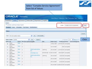 Select “Complex Service Agreement”
from list of Values




                                     Click
 