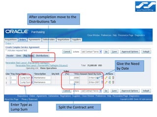 After completion move to the
           Distributions Tab




                                                     Give the Need
                                                     by Date




Enter Type as
                            Split the Contract amt
Lump Sum
 