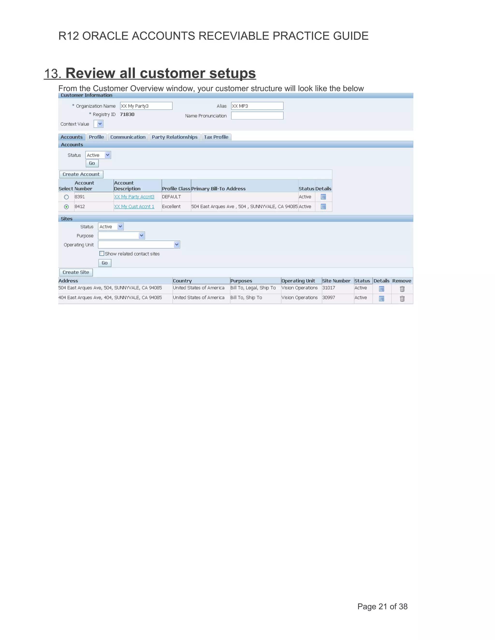 R12 ORACLE ACCOUNTS RECEVIABLE PRACTICE GUIDE
13. Review all customer setups
From the Customer Overview window, your customer structure will look like the below
Page 21 of 38
 