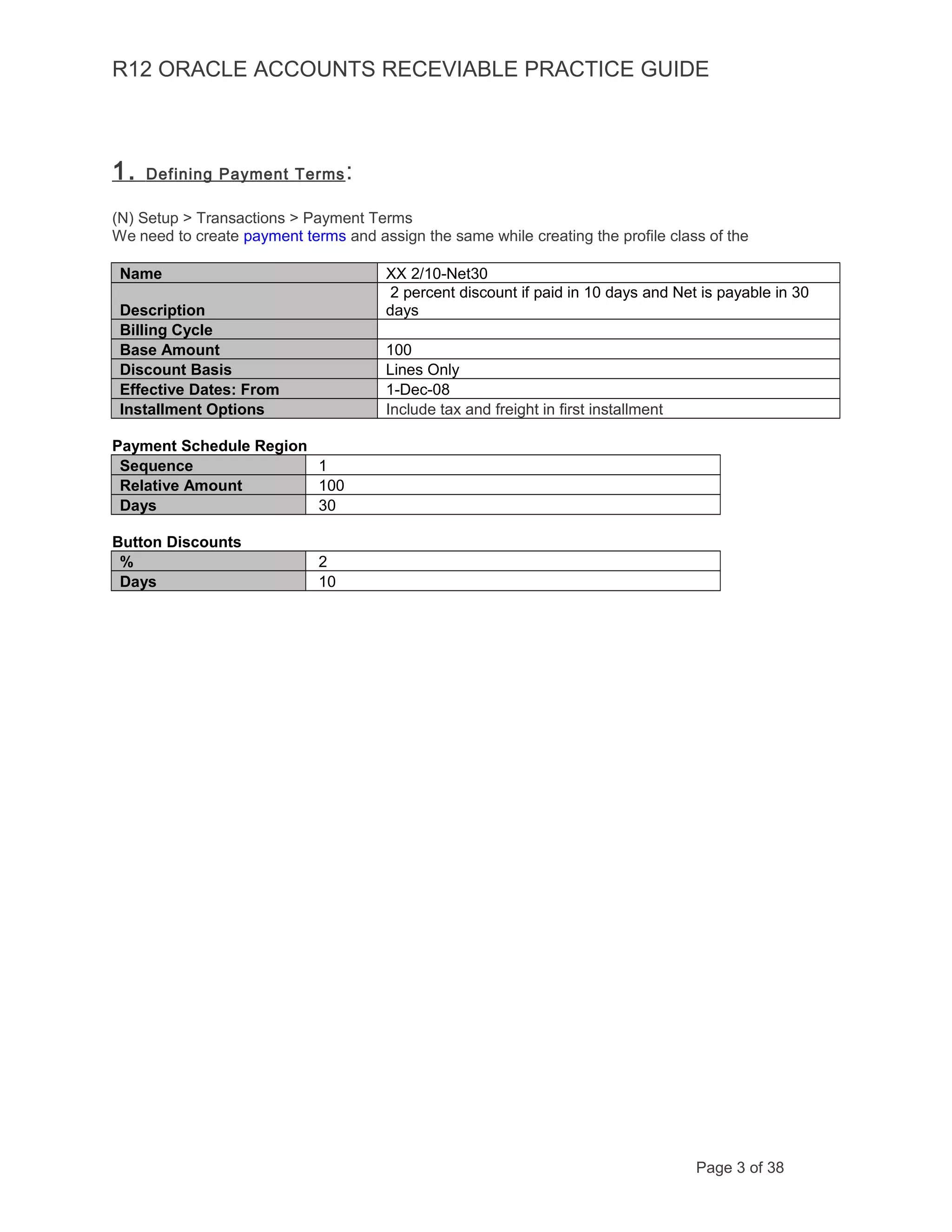 R12 ORACLE ACCOUNTS RECEVIABLE PRACTICE GUIDE
1. Defining Payment Terms:
(N) Setup > Transactions > Payment Terms
We need to create payment terms and assign the same while creating the profile class of the
Name XX 2/10-Net30
Description
2 percent discount if paid in 10 days and Net is payable in 30
days
Billing Cycle
Base Amount 100
Discount Basis Lines Only
Effective Dates: From 1-Dec-08
Installment Options Include tax and freight in first installment
Payment Schedule Region
Sequence 1
Relative Amount 100
Days 30
Button Discounts
% 2
Days 10
Page 3 of 38
 