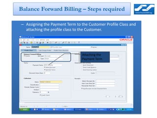 Balance Forward Billing – Steps required

– Assigning the Payment Term to the Customer Profile Class and
  attaching the profile class to the Customer.




                                Attaching the
                                Payment Term
 