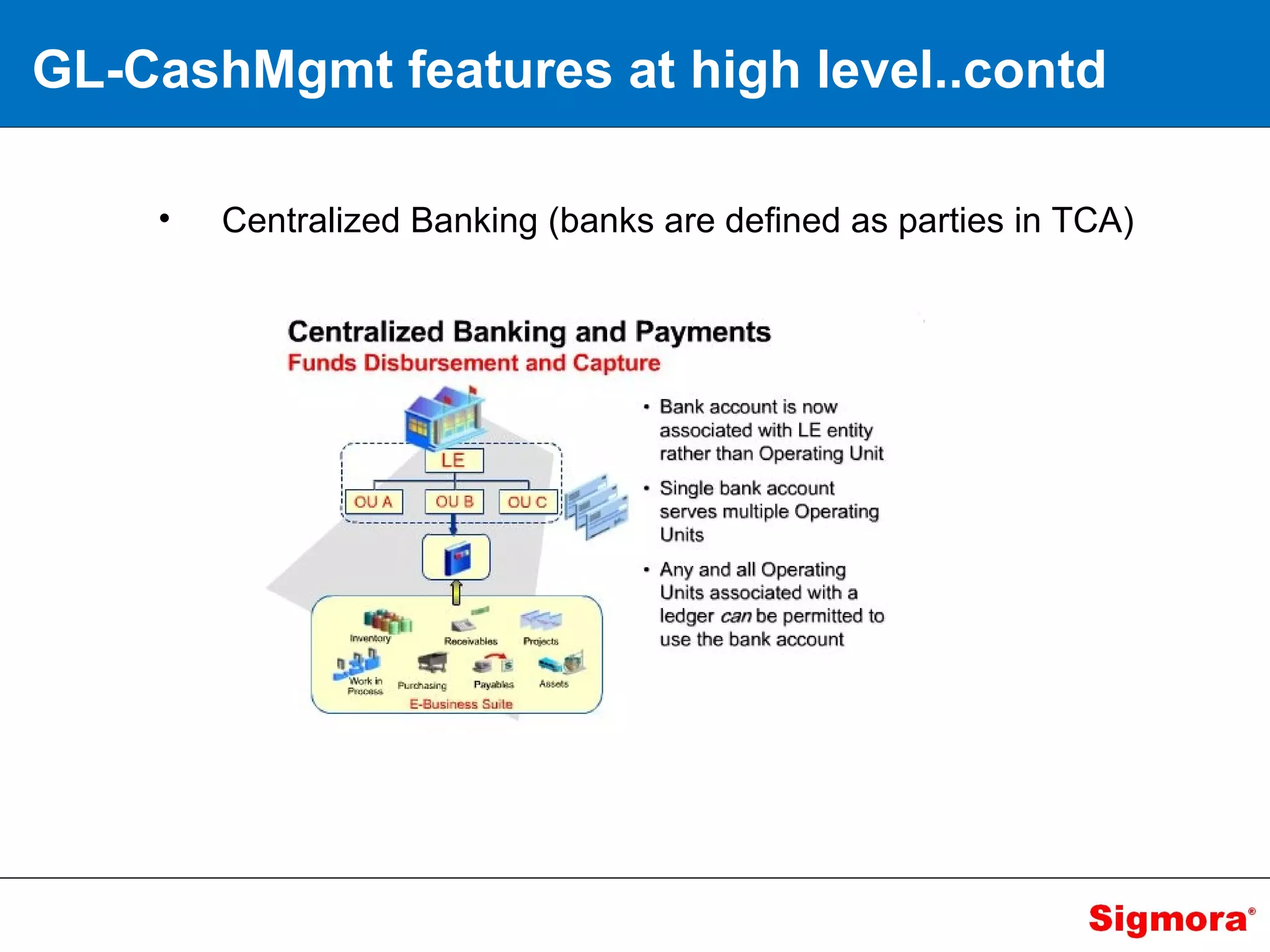 GL-CashMgmt features at high level..contd Centralized Banking (banks are defined as parties in TCA)  