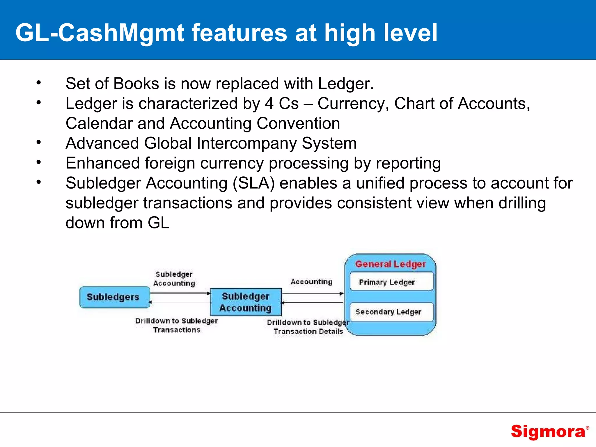 GL-CashMgmt features at high level Set of Books is now replaced with Ledger. Ledger is characterized by 4 Cs – Currency, Chart of Accounts, Calendar and Accounting Convention Advanced Global Intercompany System Enhanced foreign currency processing by reporting Subledger Accounting (SLA) enables a unified process to account for subledger transactions and provides consistent view when drilling down from GL 