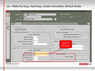 Lot : Maturity Days, Hold Days, Grade Controlled, Default Grade




                                               New Lot
                                              Attributes




                                                                  14
 