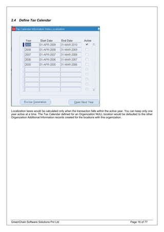 2.4 Define Tax Calendar
Localization taxes would be calculated only when the transaction falls within the active year. You can keep only one
year active at a time. The Tax Calendar defined for an Organization NULL location would be defaulted to the other
Organization Additional Information records created for the locations with this organization.
GreenChain Software Solutions Pvt Ltd Page 16 of 77
 