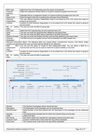 BOE Type Select from the LOV depending upon the nature of transaction.
Customs
Authority
Select the respective Vendor Name or Customs Authority Supplier from the LOV.
Site Defaulted Site for a respective Vendor or Customs Authority Supplier from the LOV.
Agent Code Enter the Agent Code who is dealing this particular Import Shipment.
Inventory
Organization
The user defined Inventory Organization need to be picked up from LOV where this import is
going to be accounted.
Location Location for that Inventory Organization is to be picked from LOV where this import is going to
be accounted.
Bill of Lading
Date
The user can enter the Bill of Lading date.
Port Type Select the Port Type like Sea, Air and Land from the LOV.
Sl.No The user can enter the Serial Number allotted by the Import Dept.
Date The user can enter the BOE date as specified in the BOE Document
Rotation No/date The user can enter the Rotation Number and the Date allotted by the Import Dept.
Amounts
(Defaulted)
The BOE Amount and Applied Amount will be defaulted from BOE Details form.
Shipment Information Block: The following fields (ie) Vessel Name, Consignment Country, Port Name, Origin
Country are optional and the user can enter relevant details for his reference.
BOE Item
Independent
Flag
You can use this option to create an Item Independent BOE. You can define a BOE for a
Dummy Item and this can be used to match the Customs liability on any Item.
Location Location for that Inventory Organization is to be picked from LOV where this import is going to
be accounted.
Bill of Lading
Date
The user can enter the Bill of Lading date
Number The Number of packages will be mentioned here
Description The Description of the packages can be mentioned here.
Serial Number Serial Number of the Item packed with the Description of the packages can be mentioned
here.
Quantity The total Quantity imported and for which the Customs Duty is to be paid.
UOM UOM of the Item.
Item Name Item Name need to be specified for calculating Customs Duty Item wise.
Customs Tariff Customs Tariff Number under which the duty will be assessed.
Duty Code The Customs Duty under which the duty will be calculated.
GreenChain Software Solutions Pvt Ltd Page 45 of 77
 