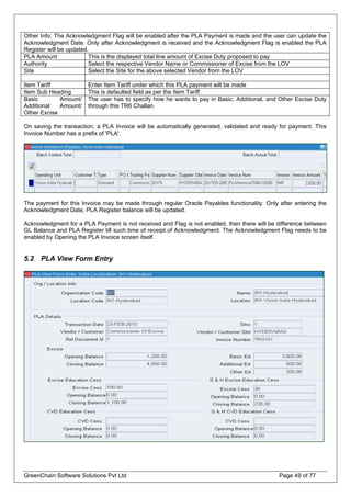 Other Info: The Acknowledgment Flag will be enabled after the PLA Payment is made and the user can update the
Acknowledgment Date. Only after Acknowledgment is received and the Acknowledgment Flag is enabled the PLA
Register will be updated.
PLA Amount This is the displayed total line amount of Excise Duty proposed to pay
Authority Select the respective Vendor Name or Commissioner of Excise from the LOV
Site Select the Site for the above selected Vendor from the LOV
Item Tariff Enter Item Tariff under which this PLA payment will be made
Item Sub Heading This is defaulted field as per the Item Tariff.
Basic Amount/
Additional Amount/
Other Excise
The user has to specify how he wants to pay in Basic, Additional, and Other Excise Duty
through this TR6 Challan.
On saving the transaction, a PLA Invoice will be automatically generated, validated and ready for payment. This
Invoice Number has a prefix of 'PLA'.
The payment for this Invoice may be made through regular Oracle Payables functionality. Only after entering the
Acknowledgment Date, PLA Register balance will be updated.
Acknowledgment for a PLA Payment is not received and Flag is not enabled, then there will be difference between
GL Balance and PLA Register till such time of receipt of Acknowledgment. The Acknowledgment Flag needs to be
enabled by Opening the PLA Invoice screen itself.
5.2 PLA View Form Entry
GreenChain Software Solutions Pvt Ltd Page 49 of 77
 