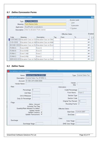 6.1 Define Concession Forms
6.2 Define Taxes
GreenChain Software Solutions Pvt Ltd Page 52 of 77
 