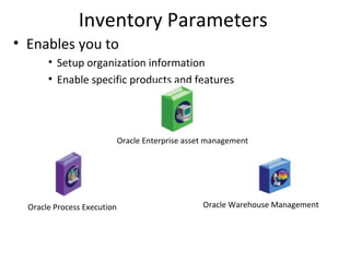Inventory Parameters
• Enables you to
• Setup organization information
• Enable specific products and features

Oracle Enterprise asset management

Oracle Process Execution

Oracle Warehouse Management

 