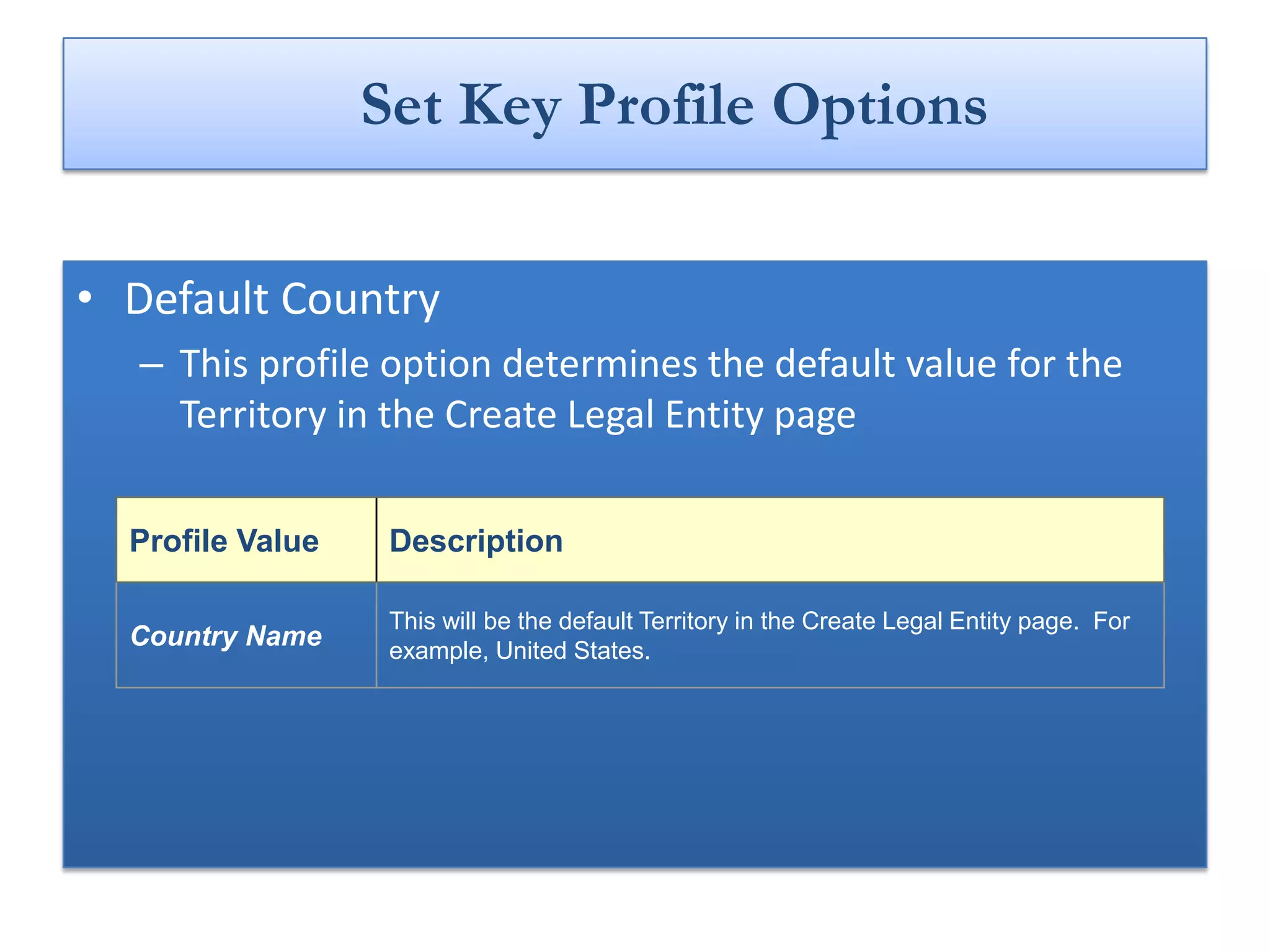 Set Key Profile Options

• Default Country
  – This profile option determines the default value for the
    Territory in the Create Legal Entity page

  Profile Value    Description

                   This will be the default Territory in the Create Legal Entity page. For
  Country Name     example, United States.
 