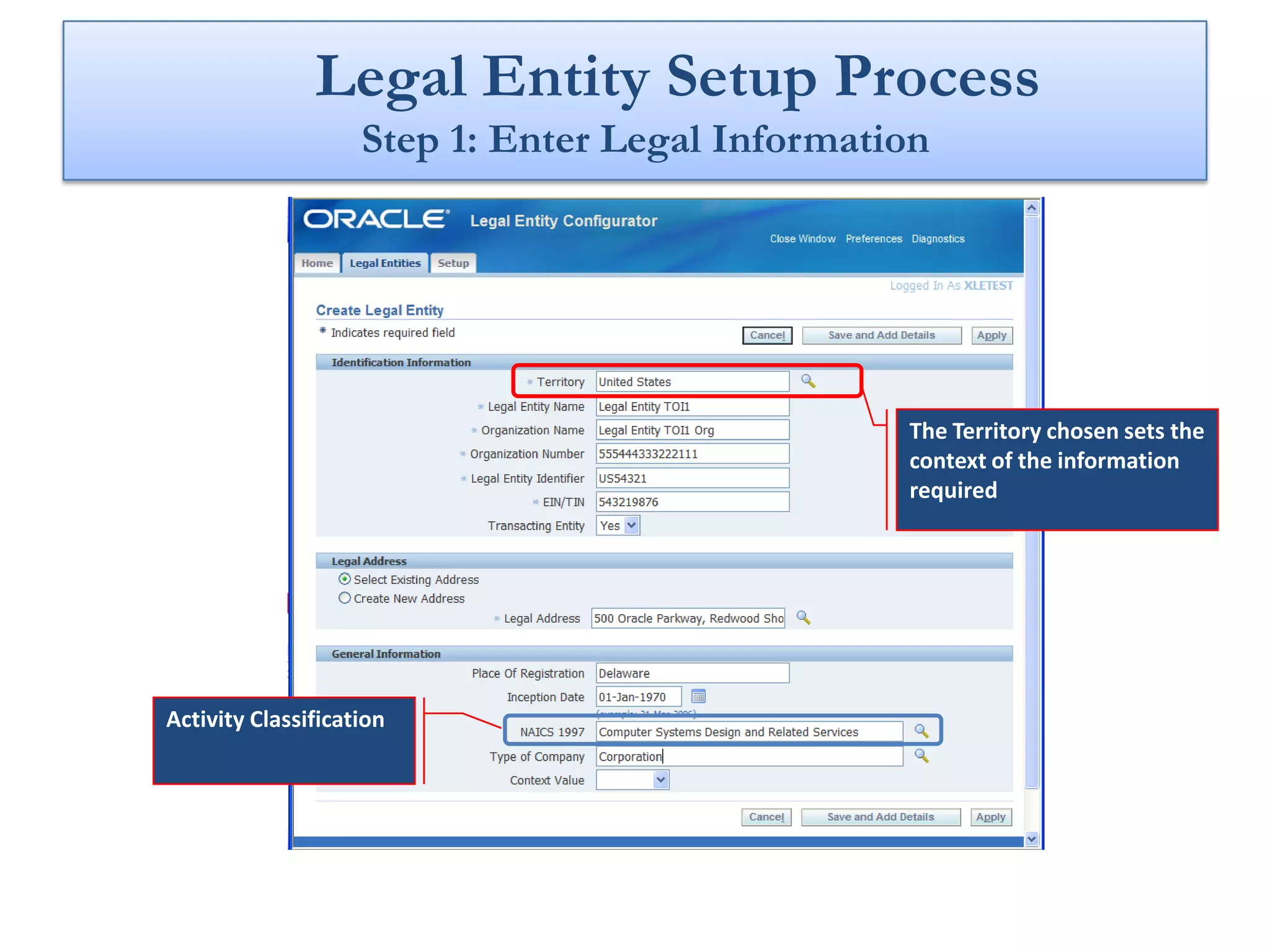 Legal Entity Setup Process
                    Step 1: Enter Legal Information




                                                 The Territory chosen sets the
                                                 context of the information
                                                 required




Activity Classification
 