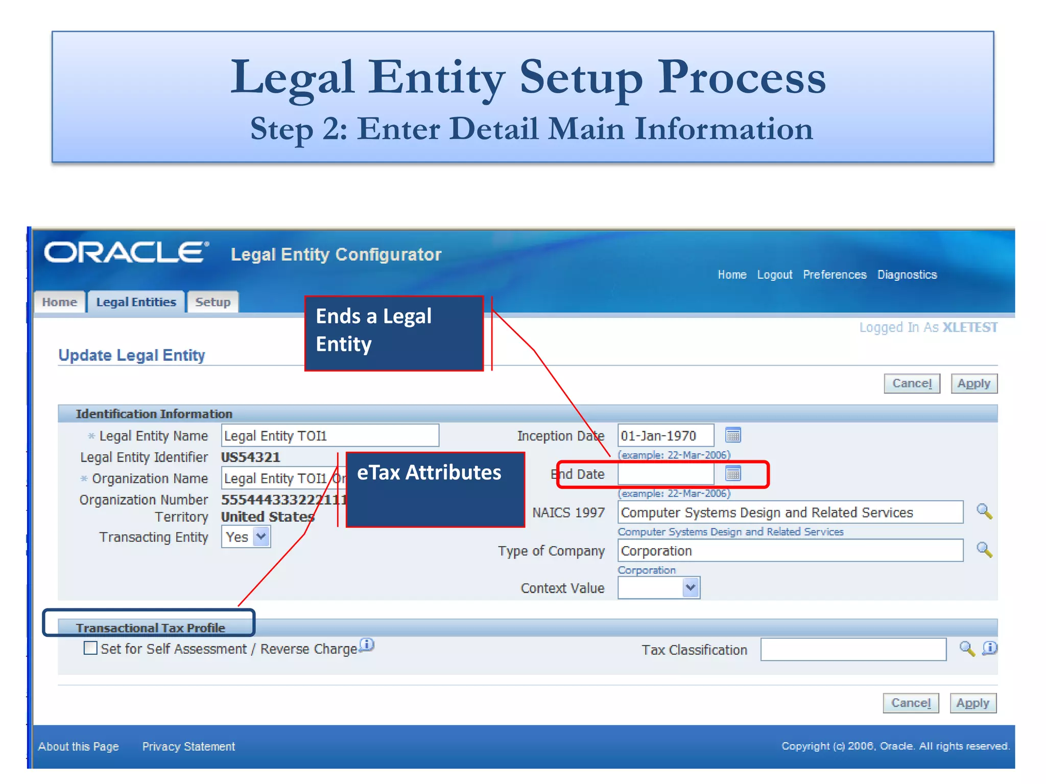 Legal Entity Setup Process
Step 2: Enter Detail Main Information




    Ends a Legal
    Entity




        eTax Attributes
 