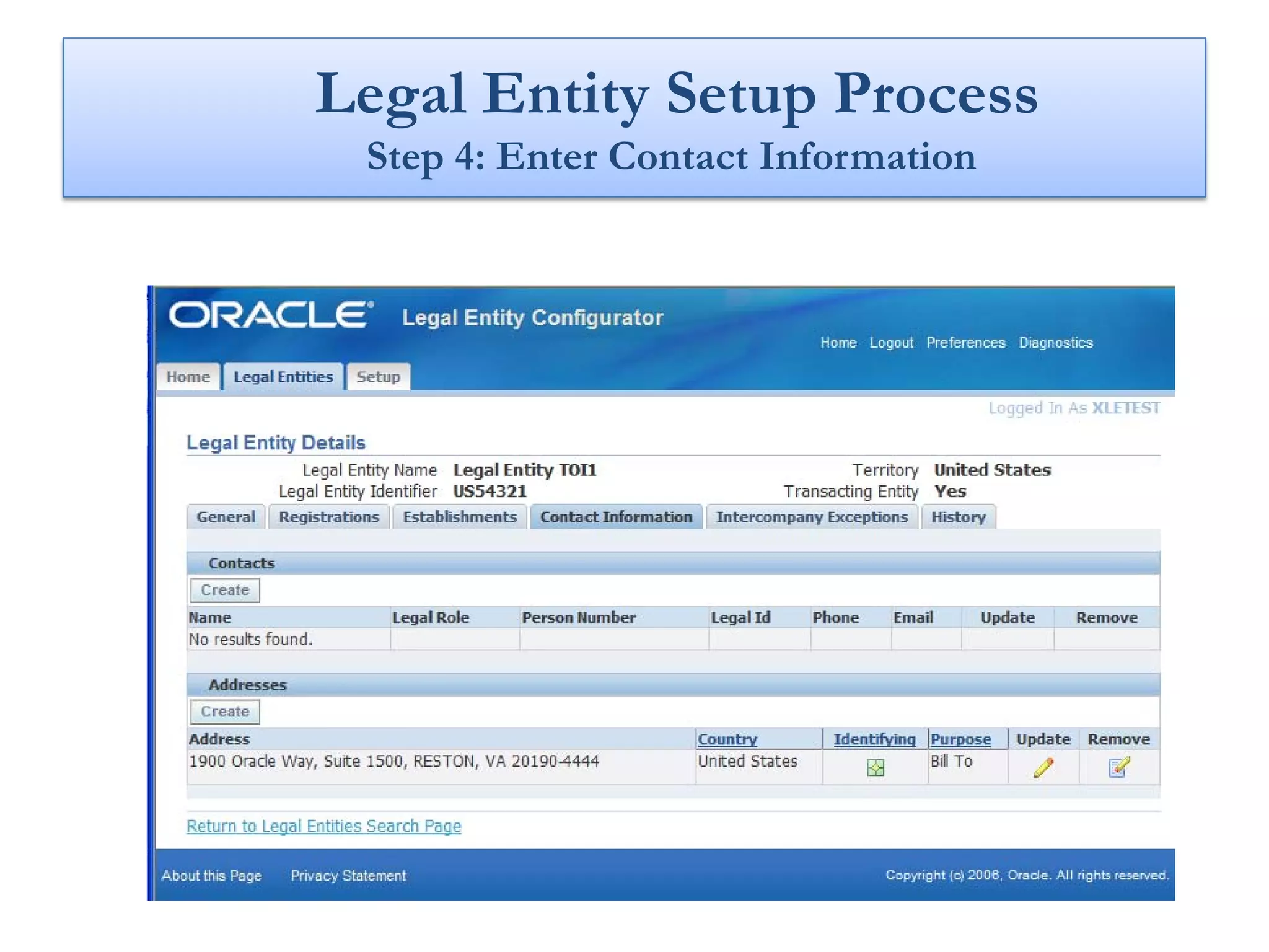 Legal Entity Setup Process
 Step 4: Enter Contact Information
 