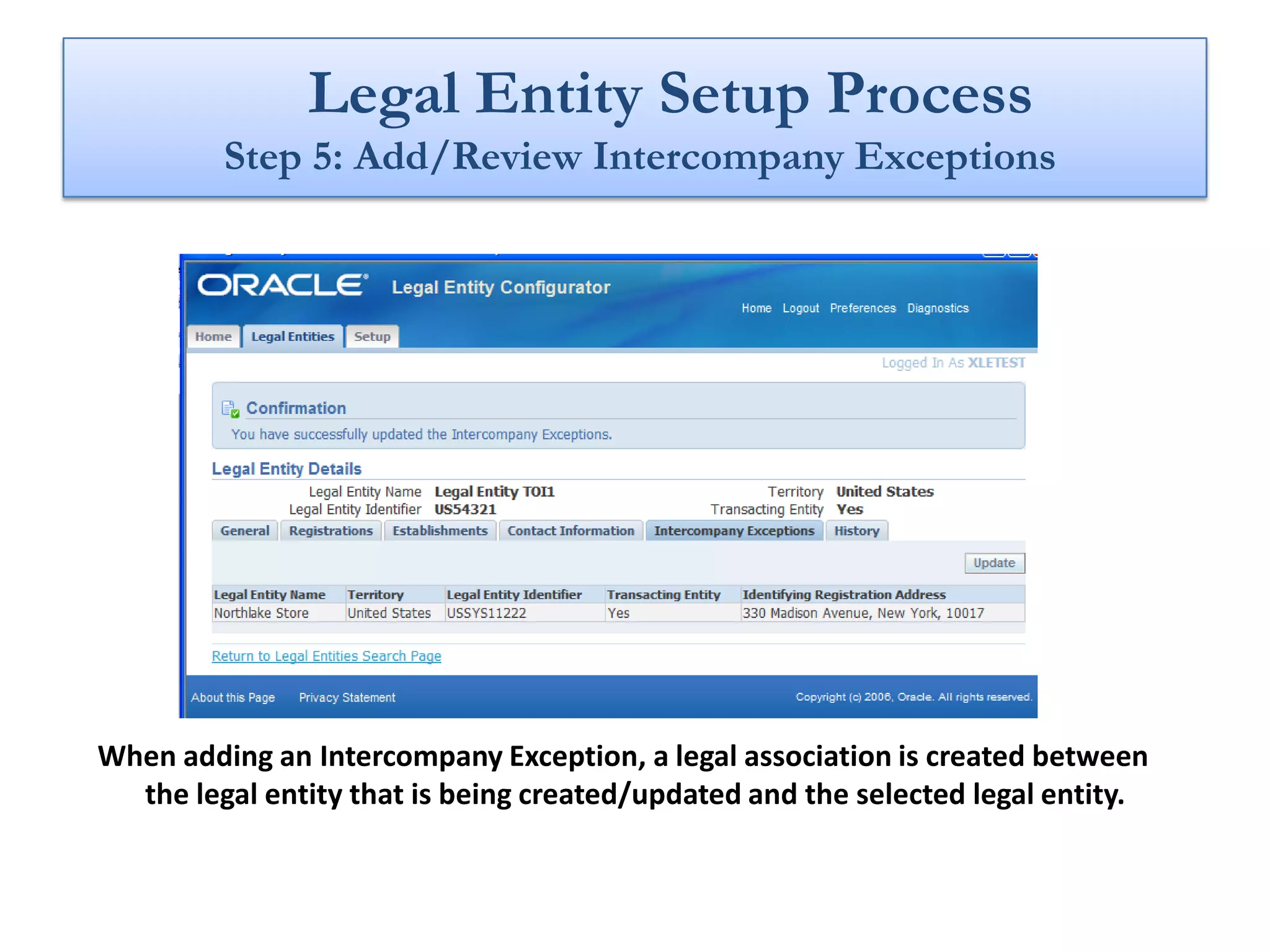 Legal Entity Setup Process
         Step 5: Add/Review Intercompany Exceptions




When adding an Intercompany Exception, a legal association is created between
  the legal entity that is being created/updated and the selected legal entity.
 