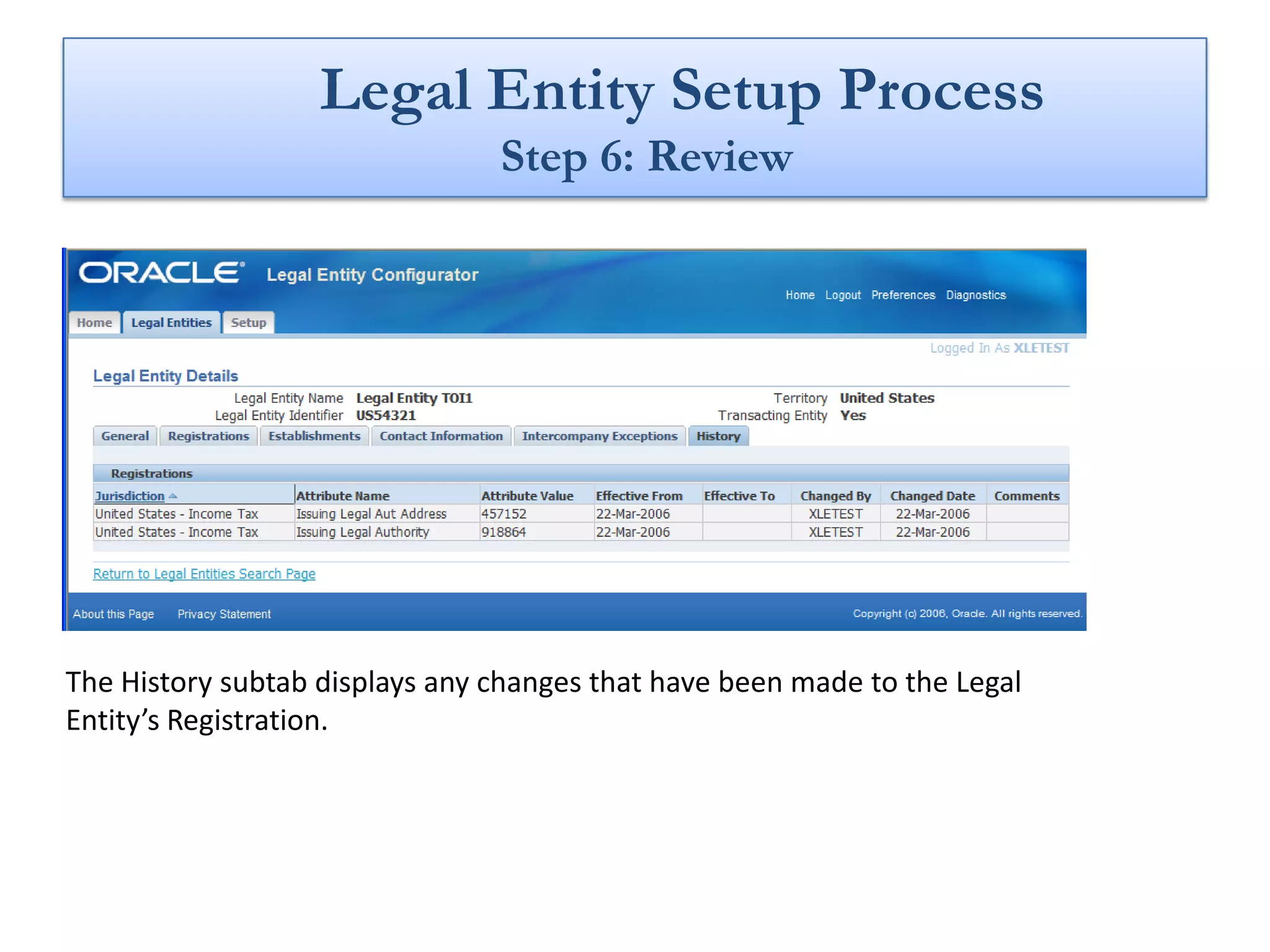 Legal Entity Setup Process
                                Step 6: Review




The History subtab displays any changes that have been made to the Legal
Entity’s Registration.
 