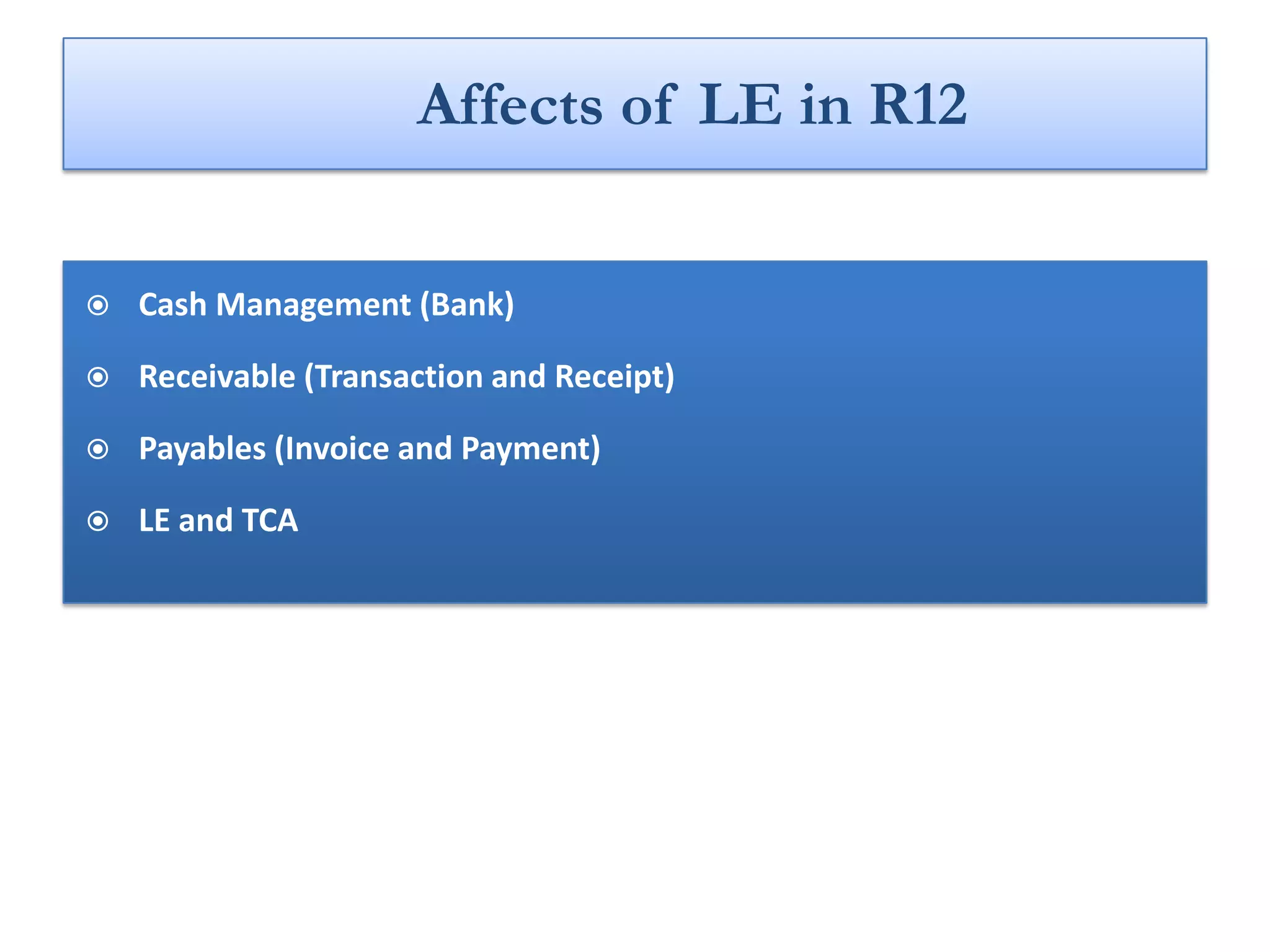 Affects of LE in R12


   Cash Management (Bank)

   Receivable (Transaction and Receipt)

   Payables (Invoice and Payment)

   LE and TCA
 