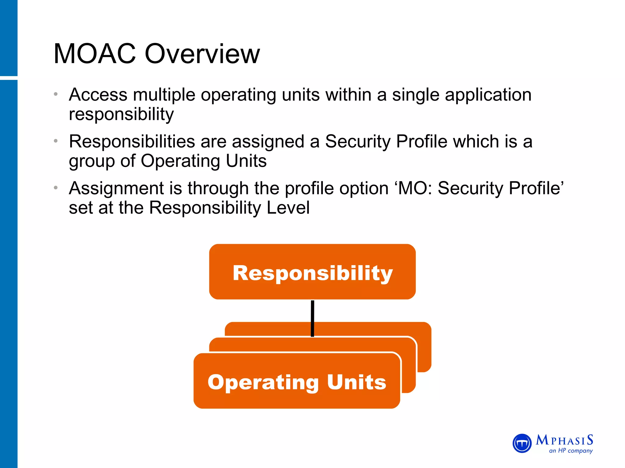 Access multiple operating units within a single application responsibility Responsibilities are assigned a Security Profile which is a group of Operating Units Assignment is through the profile option ‘MO: Security Profile’ set at the Responsibility Level MOAC Overview John Peters, JRPJR, Inc. Responsibility Operating Units 