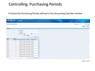 Controlling Purchasing Periods
• Control the Purchasing Periods defined in the Accounting Calendar window

 