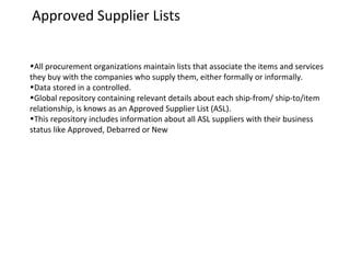 Approved Supplier Lists
•All procurement organizations maintain lists that associate the items and services
they buy with the companies who supply them, either formally or informally.
•Data stored in a controlled.
•Global repository containing relevant details about each ship-from/ ship-to/item
relationship, is knows as an Approved Supplier List (ASL).
•This repository includes information about all ASL suppliers with their business
status like Approved, Debarred or New

 